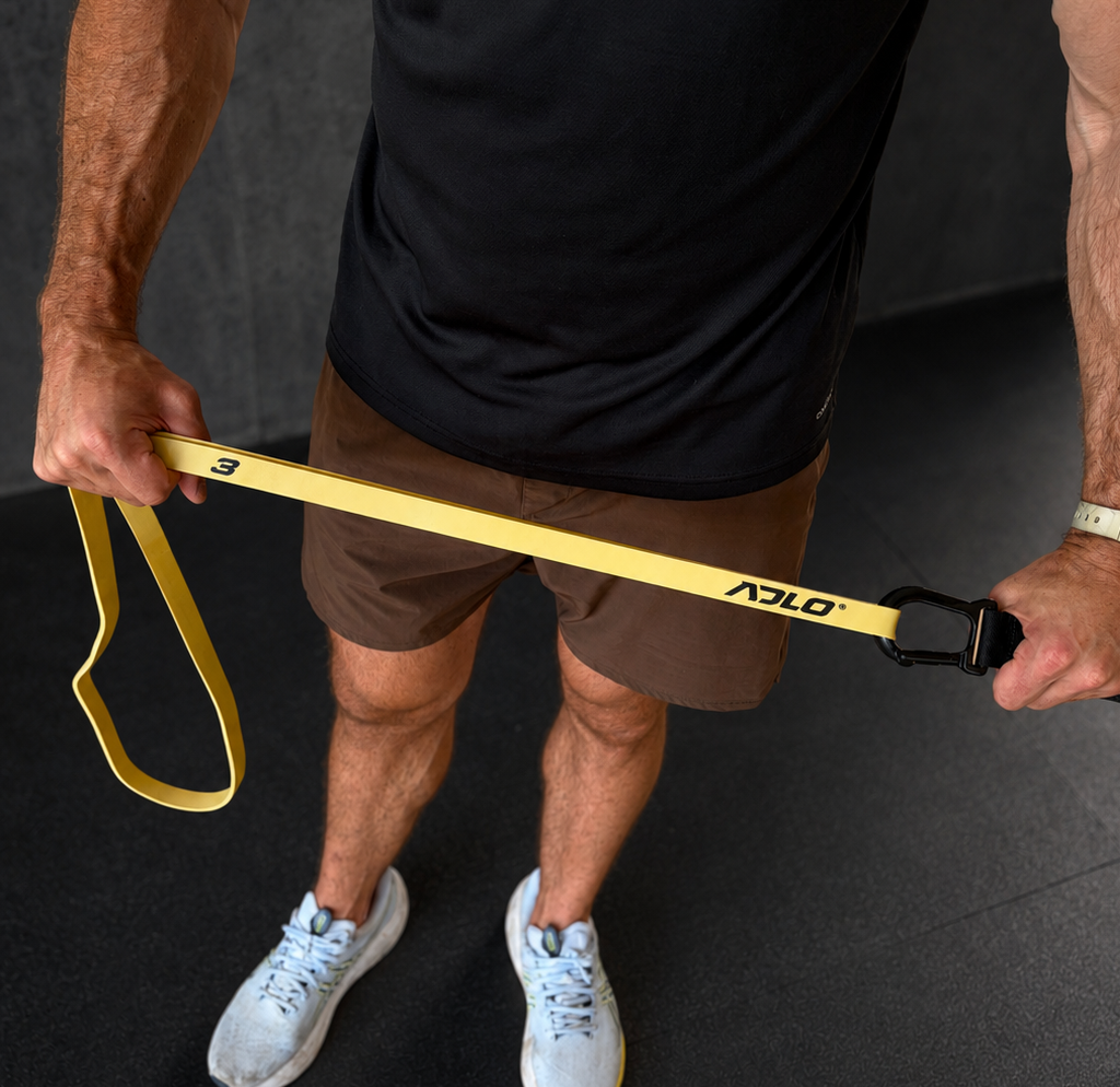 ADLO yellow resistance band in use during a gym training session